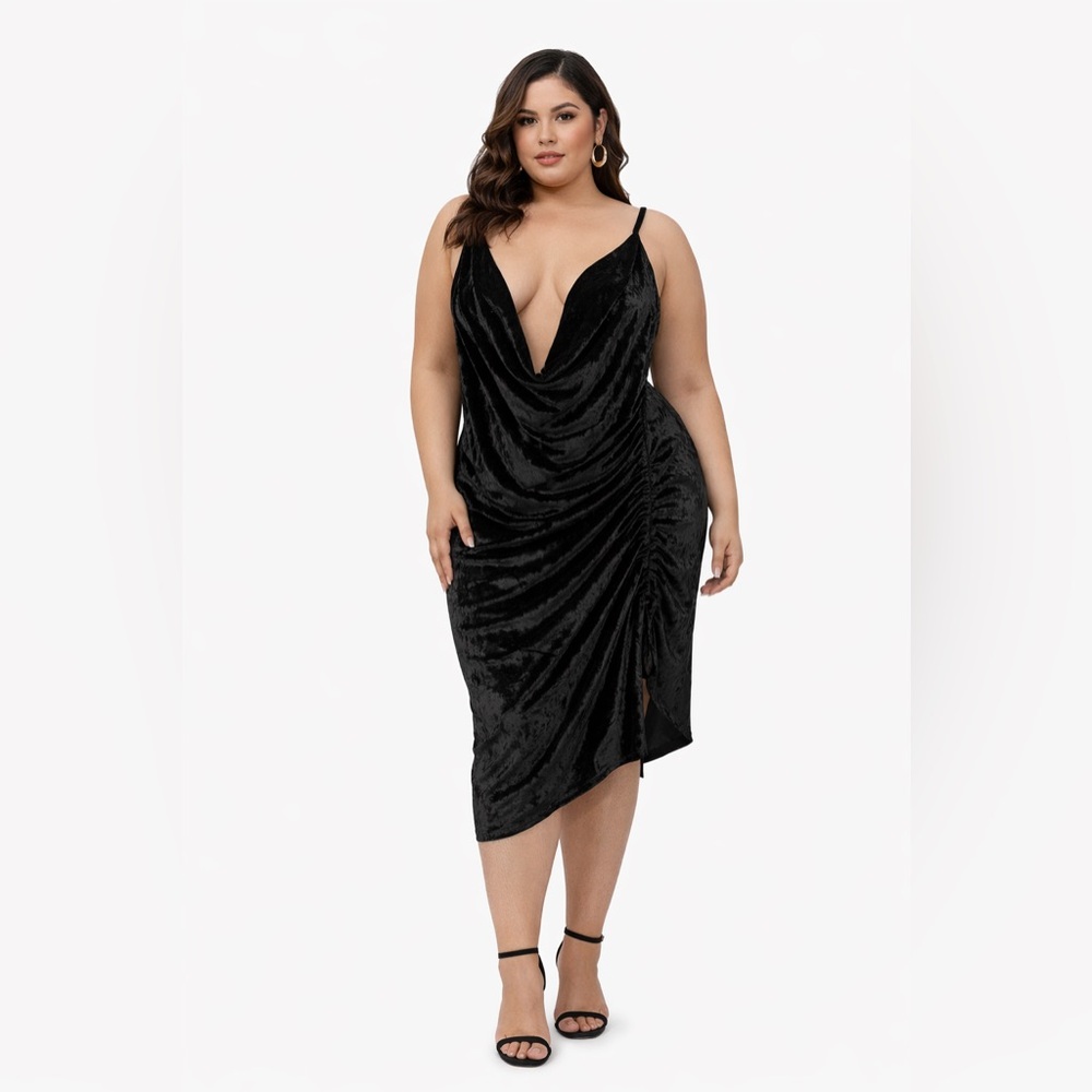 REBDOLLS Black Velvet Ruched Slip Deep V Neck Spaghetti Strap Bodycon Dress